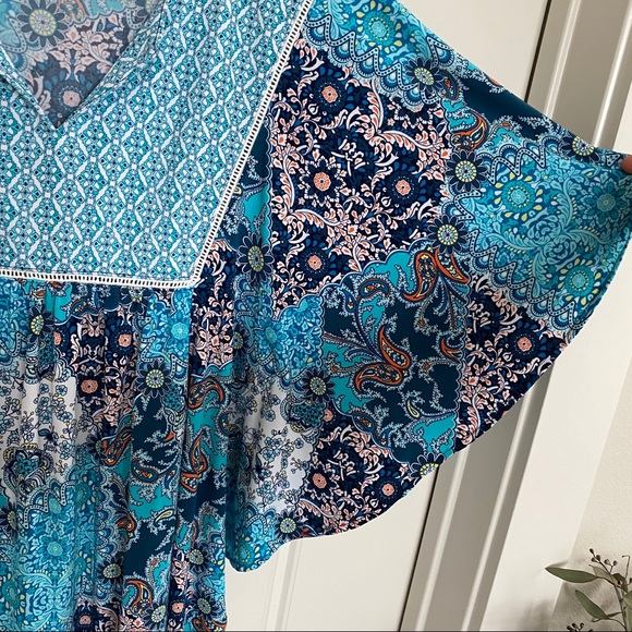 Cato Floral Blue Paisley Print Overlay Top MED - Picture 3 of 4